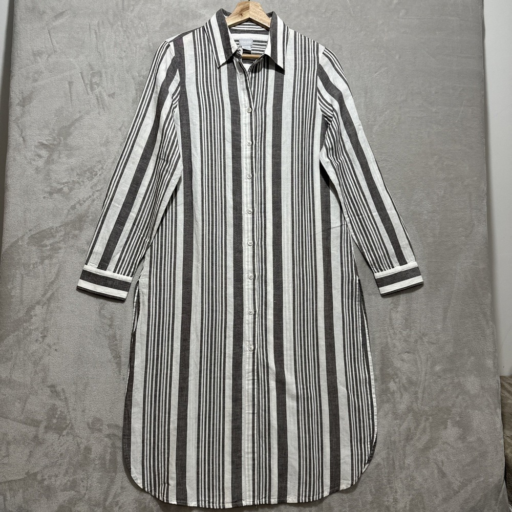 Chico's Linen Maxi Shirt Stripe Top Long Sleeve Woven Pattern Lagenlook Sz 0 NWT